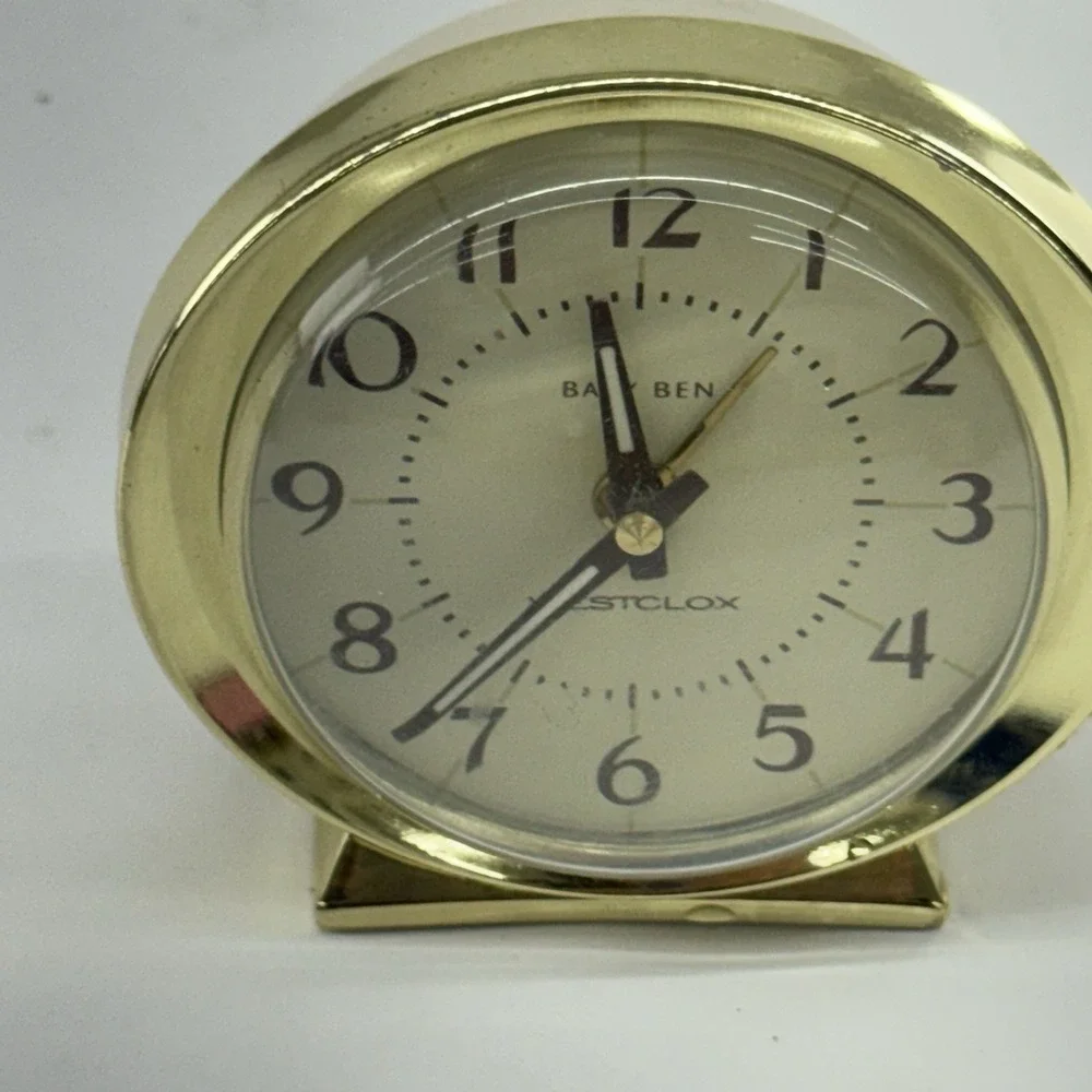 Vintage Westclox Baby Ben Alarm Clock White Gold Brass Tone Wind Up Made in USA